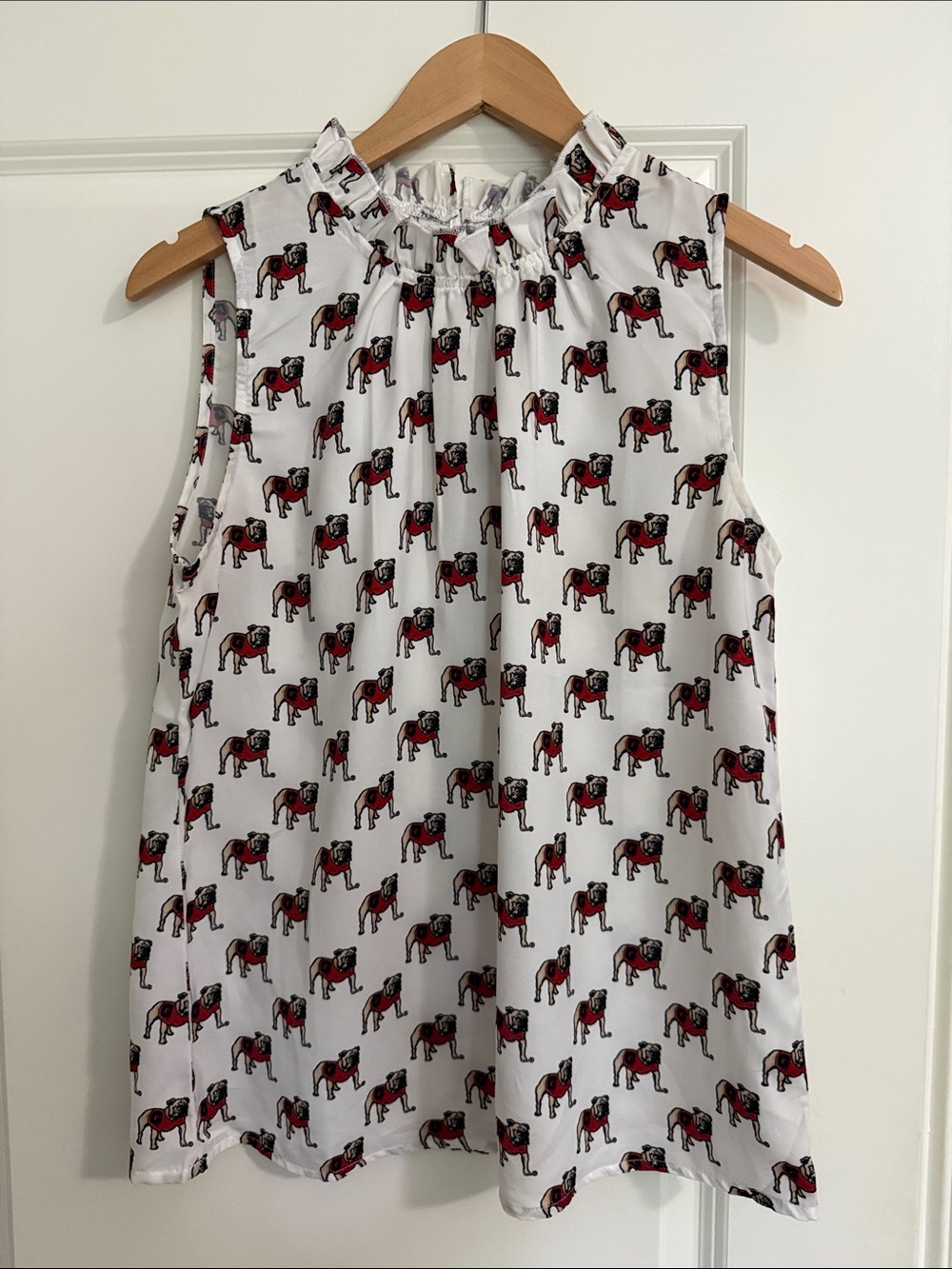 Sleeveless White Ruffle-Neck Camisole with Red Georgia Bulldog Print